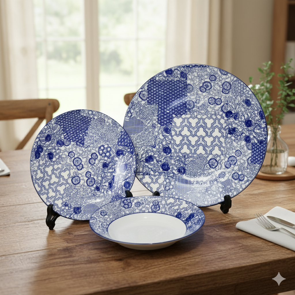 6 Person (18pcs) Blue Floral Classic Plate Set – Elegant Ceramic Dinnerware Collection - Habitt