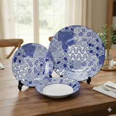 6 Person (18pcs) Blue Floral Classic Plate Set – Elegant Ceramic Dinnerware Collection - Habitt