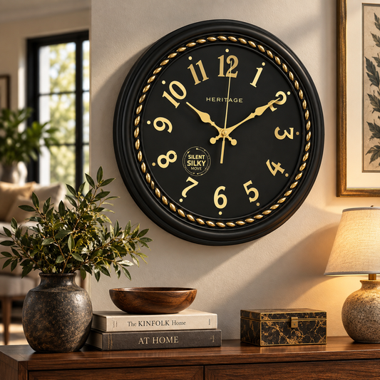 Heritage Hazel Wall Clock 14.5 Inch – Black & Gold Classic Design with Beaded Detailing (Plastic)