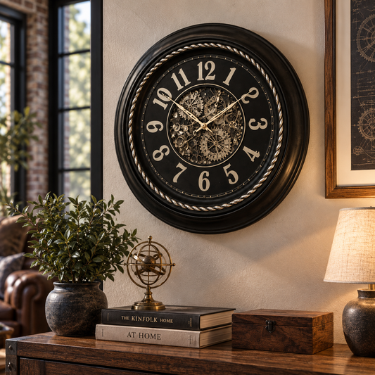 Heritage Gear 18-Inch Vintage Industrial Wall Clock – Decorative Black Metal Wall Clock with Exposed Moving Gear Design for Living Room, Office & Home Décor