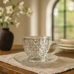 Textured Glass Cup & Saucer Set – 12-Piece Premium Patterned Glassware (210 ml Cups) - Habitt