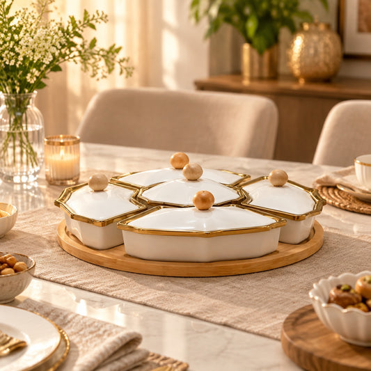 Ceramic Serving Dish With Lid And Wooden Base | Elegant Serving Bowl
