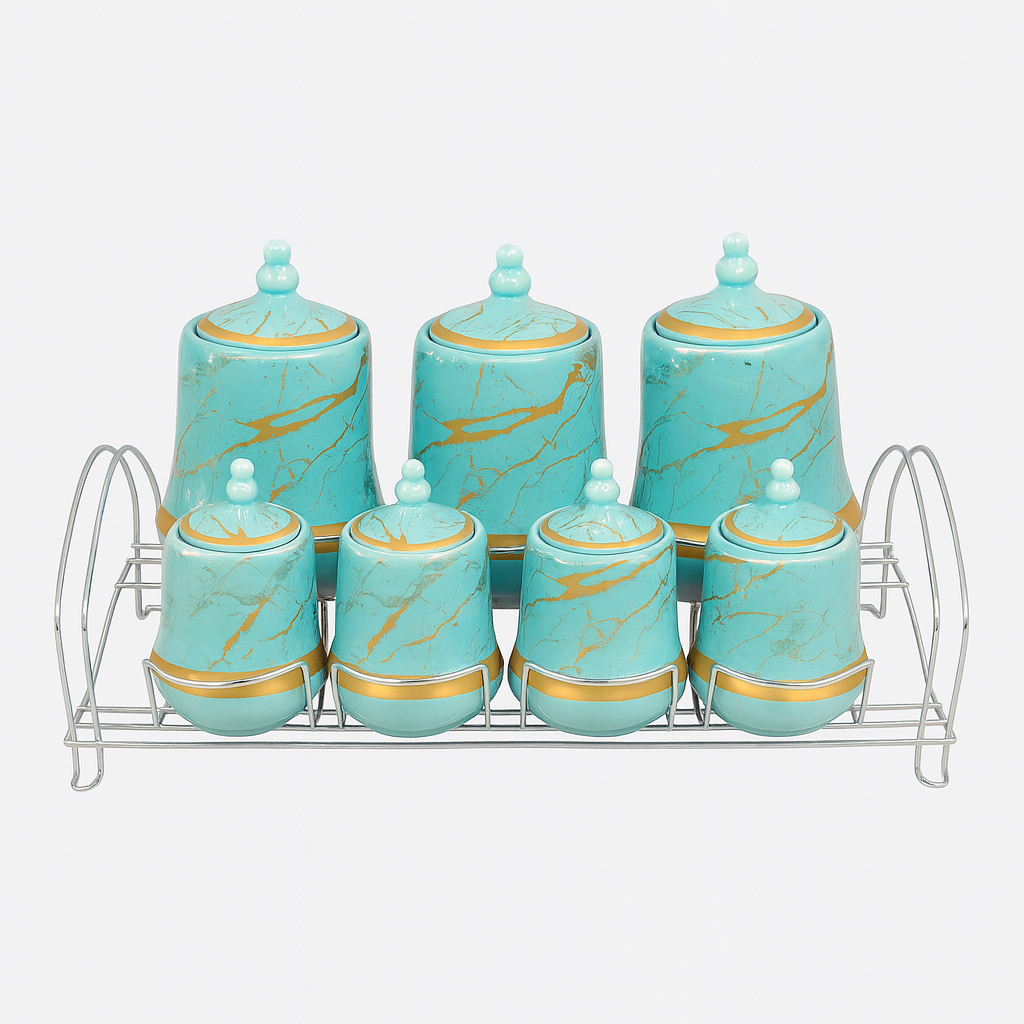 7 Pcs Canister Set with Ceramic Lid 2713-B – Blue Marble Kitchen Storage Jars - Habitt