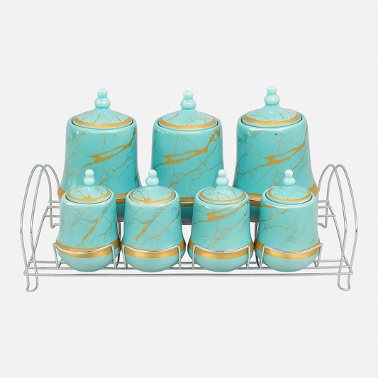 7 Pcs Canister Set with Ceramic Lid 2713-B – Blue Marble Kitchen Storage Jars - Habitt