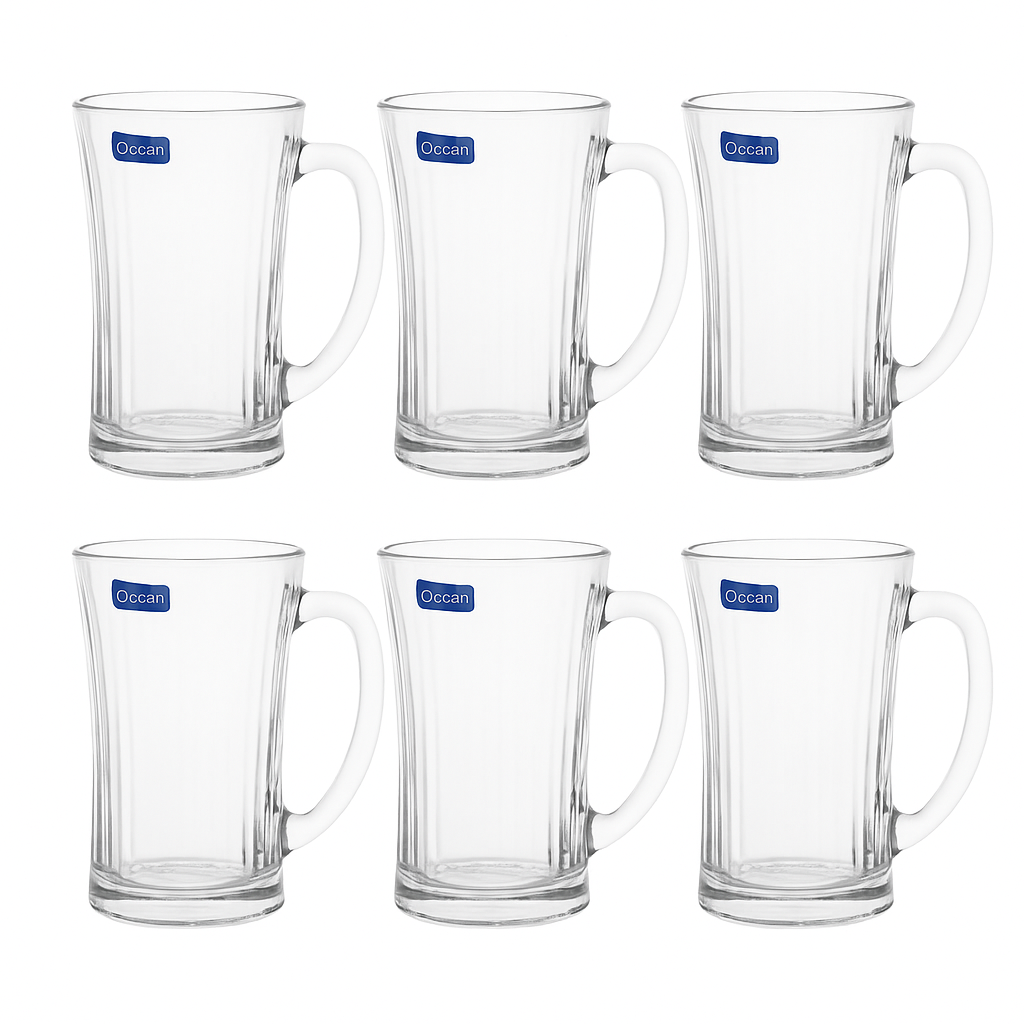 Clear Flared Glass Juice Mug 320 ml with Handle – Set of 6 | Elegant Everyday Drinkware for Home & Café - Habitt