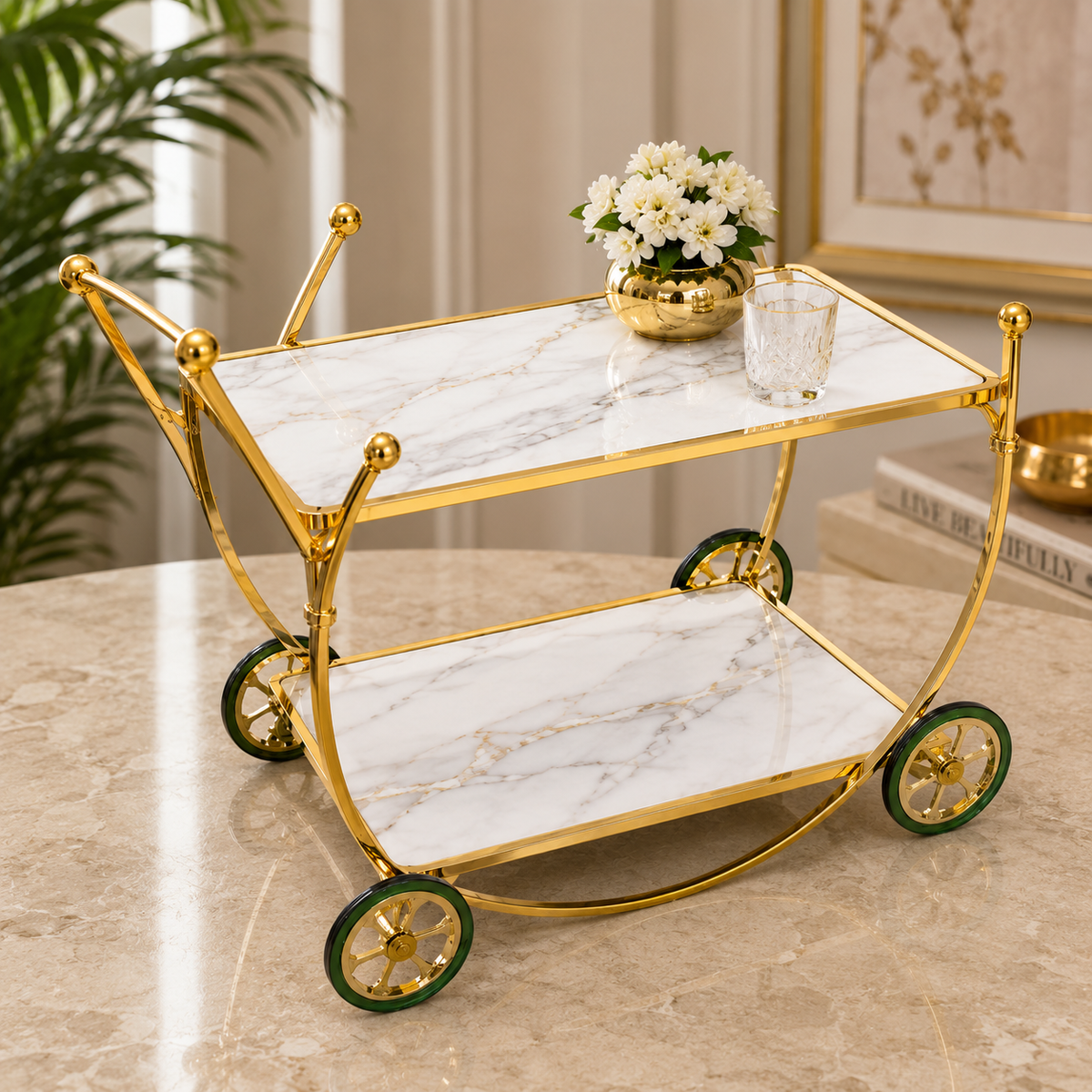 Luxury Gold Bar Serving Cart with Marble Finish Shelves | 2-Tier Rolling Beverage Trolley