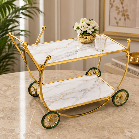 Luxury Gold Bar Serving Cart with Marble Finish Shelves | 2-Tier Rolling Beverage Trolley