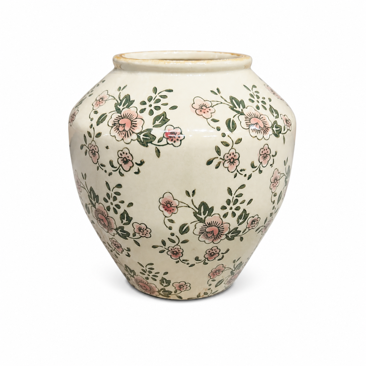Floral Green Ceramic Vase – Large Round Decorative Flower Vase with Hand-Painted Botanical Design for Home & Living Décor - Habitt