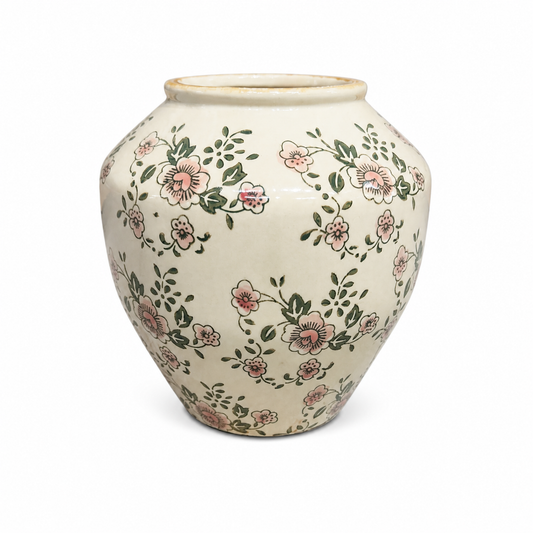 Floral Green Ceramic Vase – Large Round Decorative Flower Vase with Hand-Painted Botanical Design for Home & Living Décor - Habitt