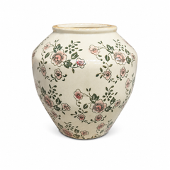 Floral Green Ceramic Vase – Large Round Decorative Flower Vase with Hand-Painted Botanical Design for Home & Living Décor - Habitt