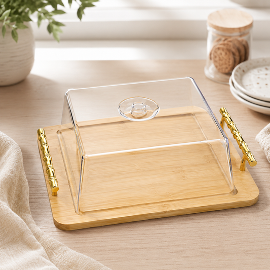 Square Wooden Cake Dish with Clear Lid – Small & Medium | Elegant Cake Stand and Dessert Display