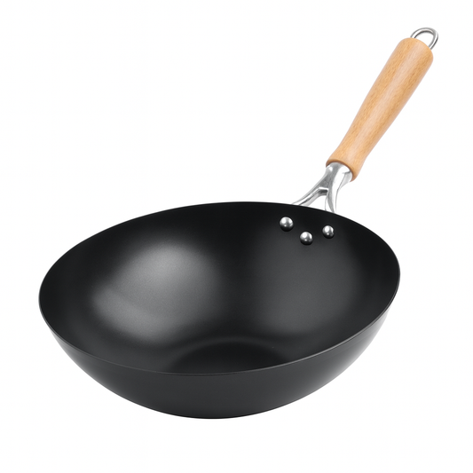 Steel Wok Pan with Wooden Handle – Non-Stick Deep Fry Pan for Stir-Fry, Sauté & Everyday Cooking (22 cm, 24 cm, 26 cm) - Habitt