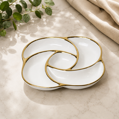 Elegant White & Gold Divided Dry Fruit Serving Plate with Multi-Section Snack Tray for Nuts, Candies & Festive Entertaining
