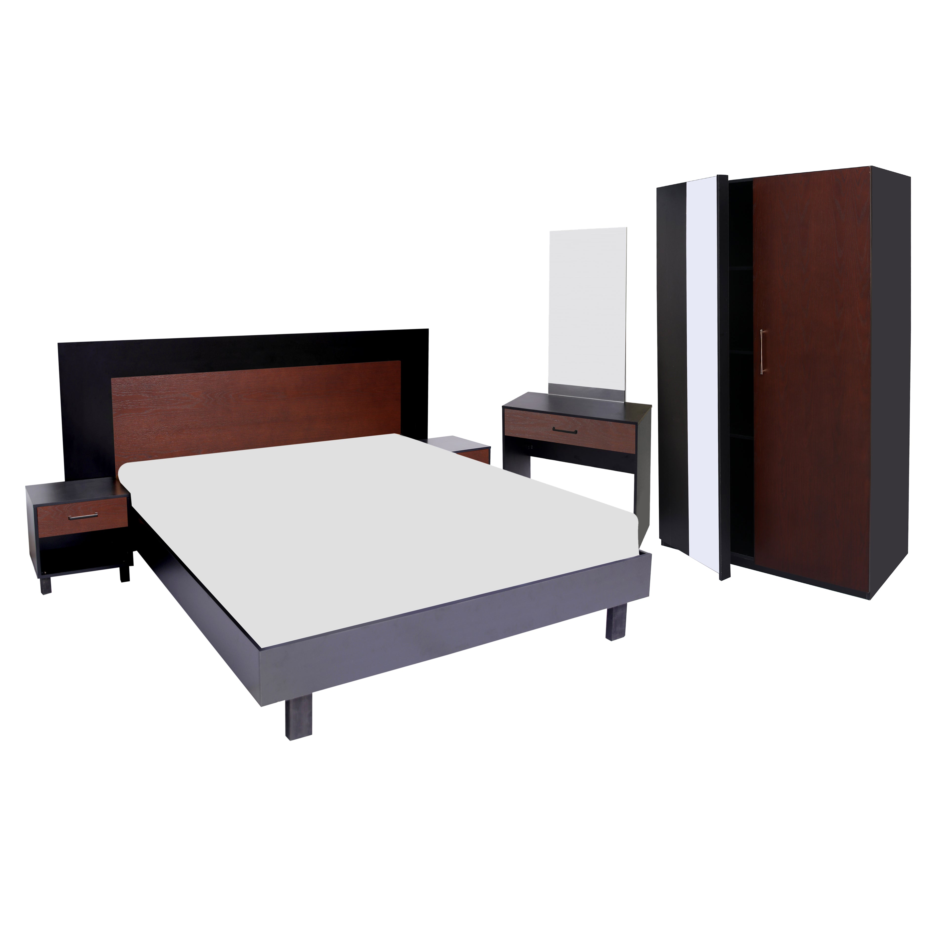 Ozmane Laminated Bedroom Furniture Bundle – Bed + 2 Side Tables + 3-Drawer Dresser + Mirror - Habitt