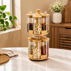 8 Piece Transparent Rotating Jar Set with Wooden Stand | Kitchen Storage Organizer