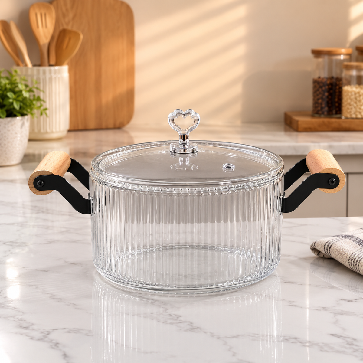 Glass Cooking Pot with Wooden Handles | Glass Cooking Pot