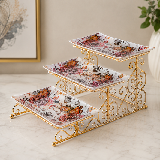 3-Step Glass Serving Stand with Gold Metal Frame | Elegant Dessert Display