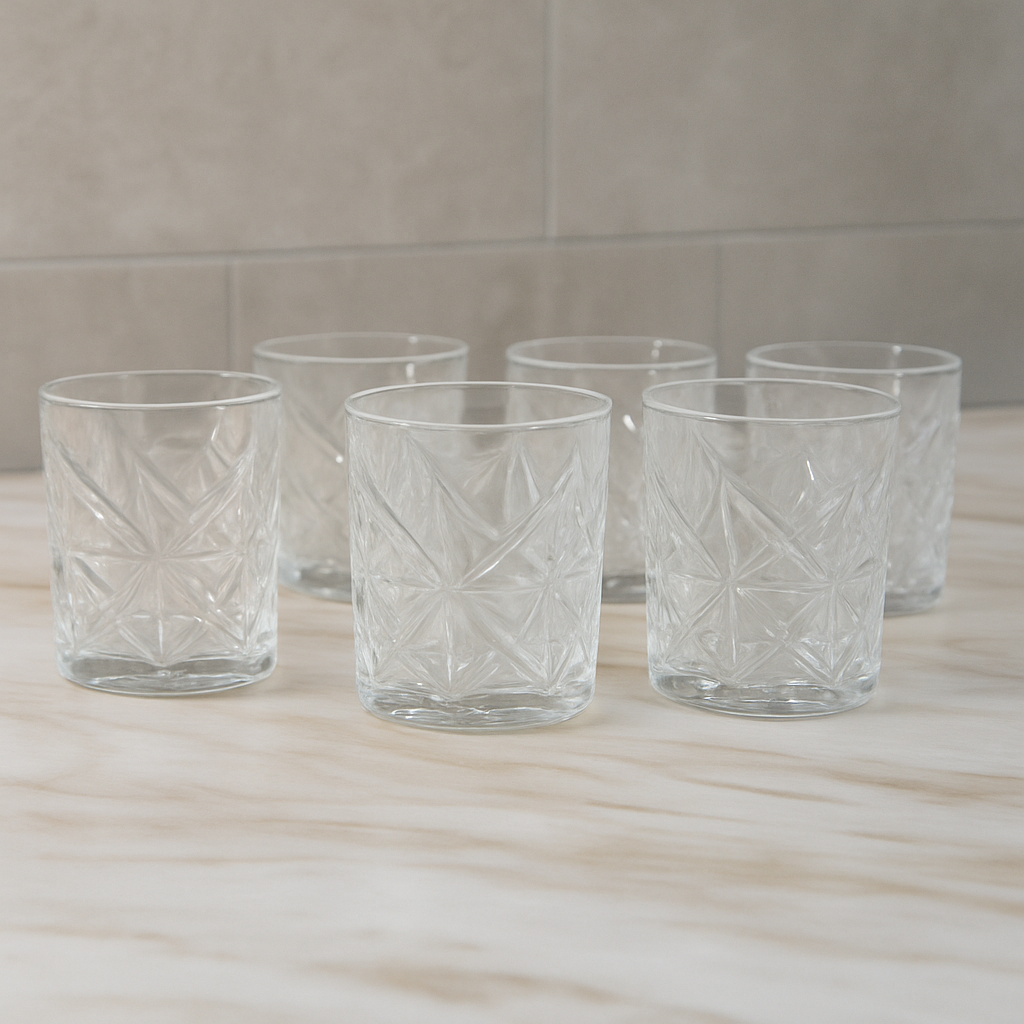 Geometric Cut Tumbler Glass Set 340 ml – Premium Clear Heavy Drinkware (6 Pcs) - Habitt