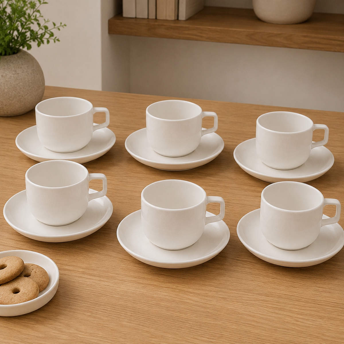 6 Pcs White Cup & Saucer Set | Modern Ceramic Tea & Coffee Cups
