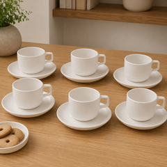 6 Pcs White Cup & Saucer Set | Modern Ceramic Tea & Coffee Cups