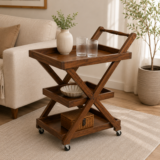 3-Step Wooden X-Design Tea Trolley with Wheels