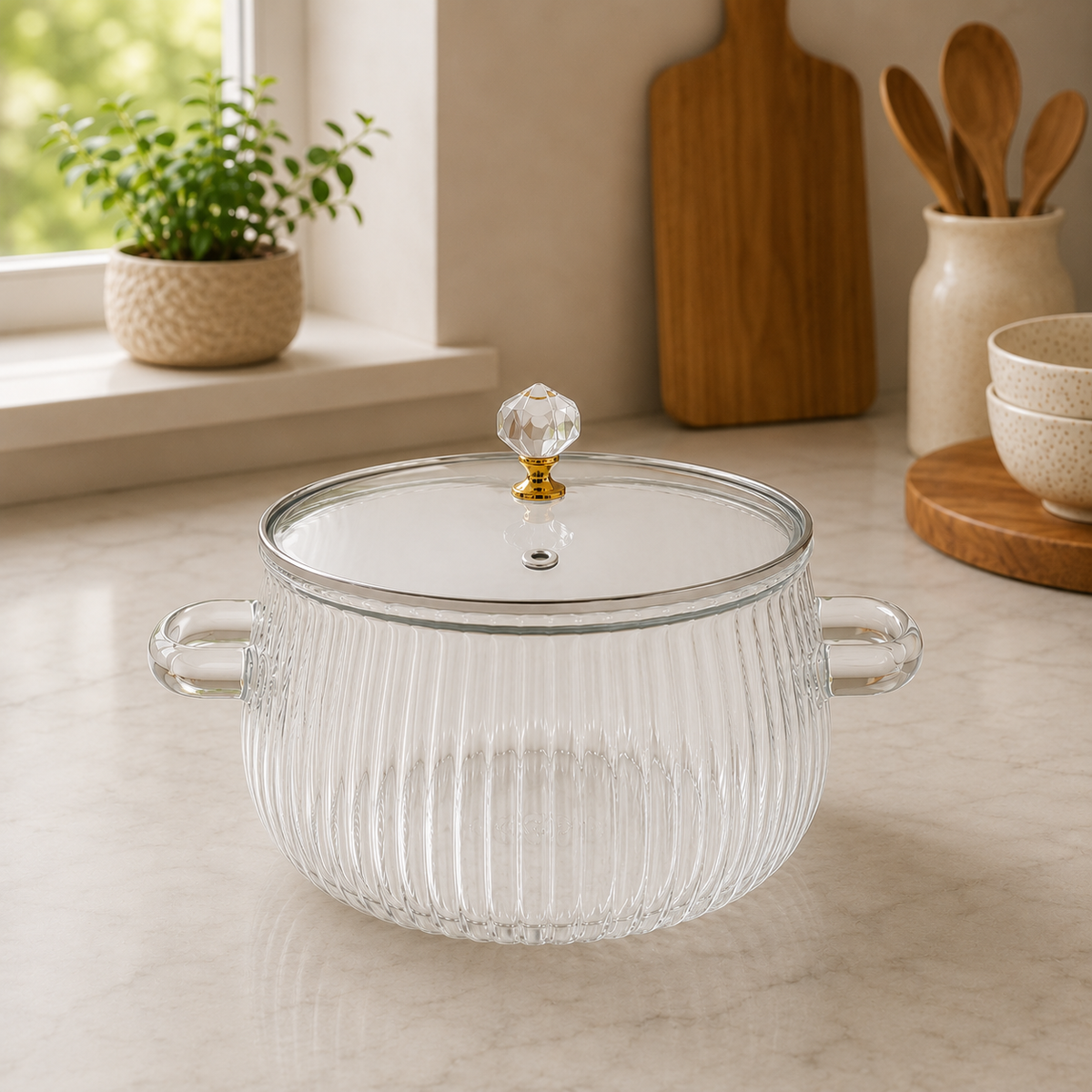2500ML Textured Glass Cooking Pot with Lid | Round Glass Cooking Pot
