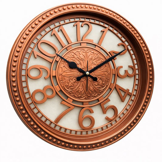 Heritage Retro Wall Clock 15 Inch – Ornate Copper Finish with Embossed Center & Classic Numerals (Plastic) - Habitt