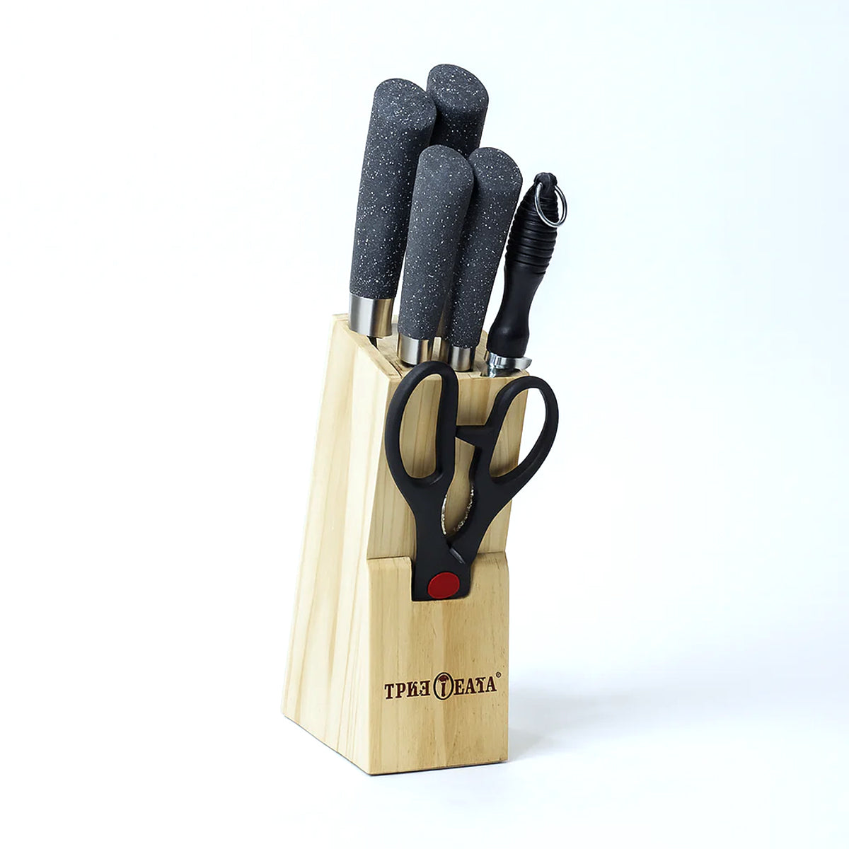 7 Pcs Stainless Steel Knife Set with Wooden Block – Black Speckled Handle Kitchen Knives & Scissors - Habitt