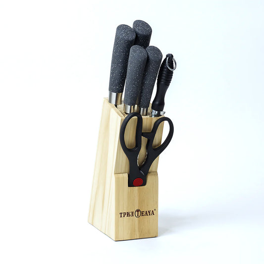 7 Pcs Stainless Steel Knife Set with Wooden Block – Black Speckled Handle Kitchen Knives & Scissors - Habitt