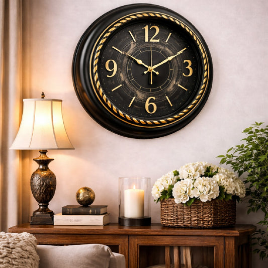 Heritage Prague 2 Wall Clock 18 x 18 Inch – Black & Gold Vintage Design with Decorative Dial (Plastic) - Habitt