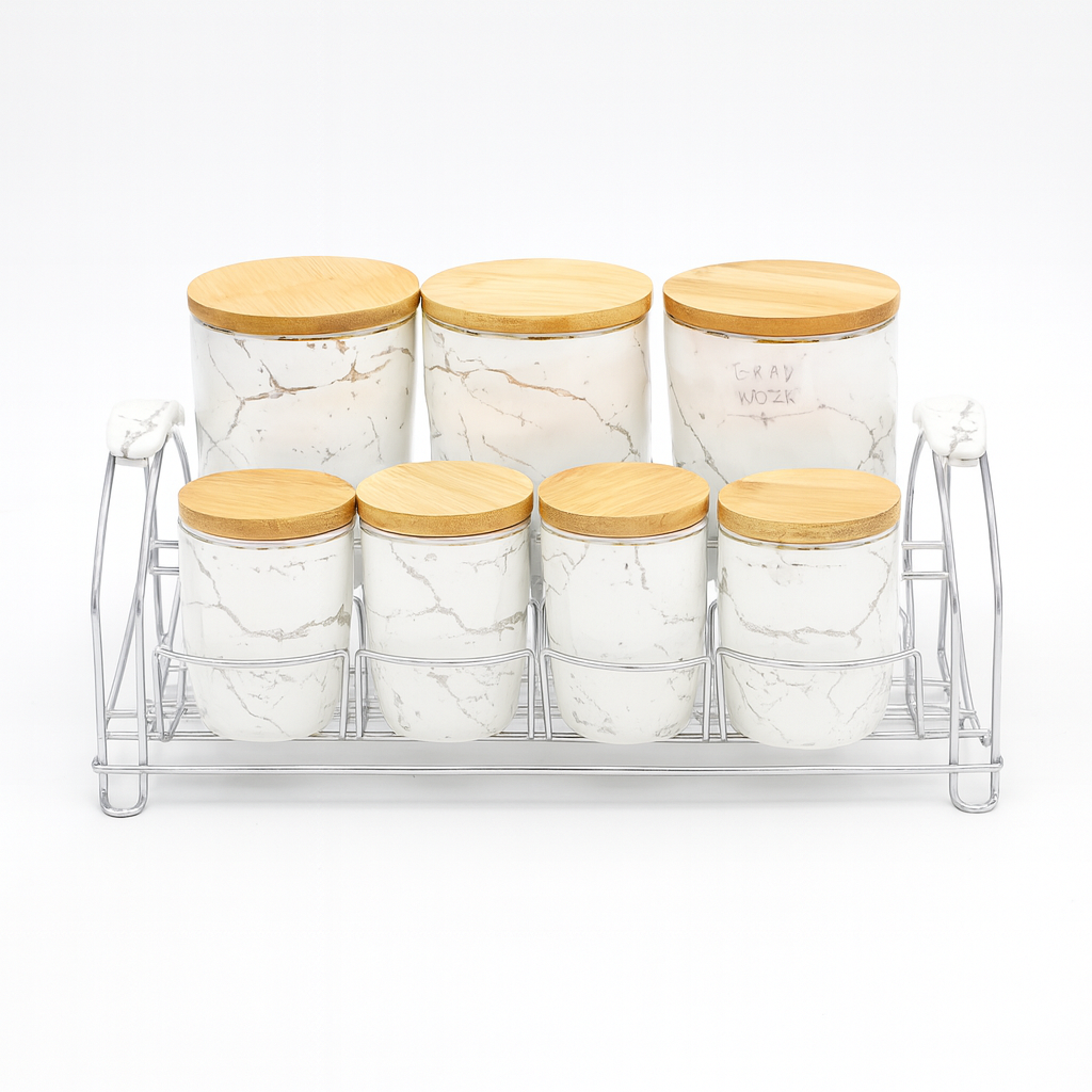 7 Pcs Canister Set with Wooden Lid W – white Marble Kitchen Storage Jars - Habitt