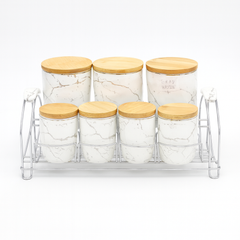 7 Pcs Canister Set with Wooden Lid W – white Marble Kitchen Storage Jars - Habitt