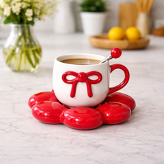 Ceramic Flower Saucer & Bowl Cup Set – Elegant Tea & Dessert Set (Yellow / Red / Pink) - Habitt