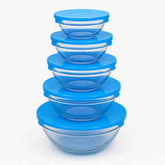 Premium 5-Piece Glass Bowl Set with Airtight Blue Lids – Stackable Kitchen Storage & Serving Bowls - Habitt