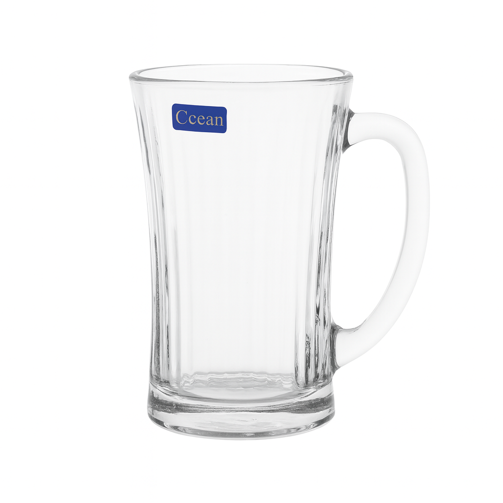 Clear Flared Glass Juice Mug 320 ml with Handle – Set of 6 | Elegant Everyday Drinkware for Home & Café - Habitt