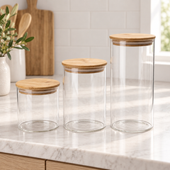 3 Piece Glass Jar Set with Wooden Lid & Tray | Stylish Kitchen Storage Containers