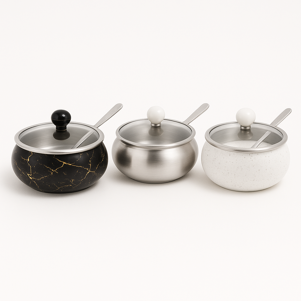 1PC Elegant Iron Marble Sugar Pot with Lid & Spoon for Stylish Kitchen Storage - Habitt