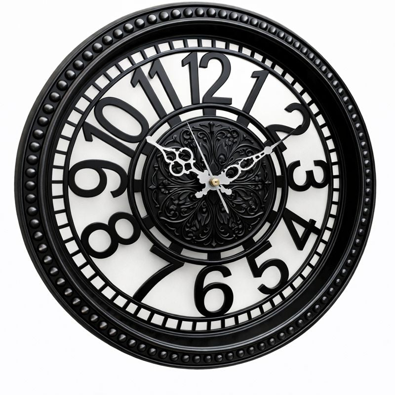 Heritage Retro Wall Clock 15 Inch – Classic Black Finish with Ornate Center & Raised Numerals (Plastic) - Habitt