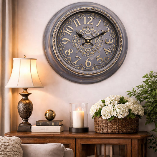 Heritage Gear 18-Inch Vintage Grey Wall Clock – Decorative Distressed Metal Wall Clock for Living Room, Office & Farmhouse Home Décor - Habitt