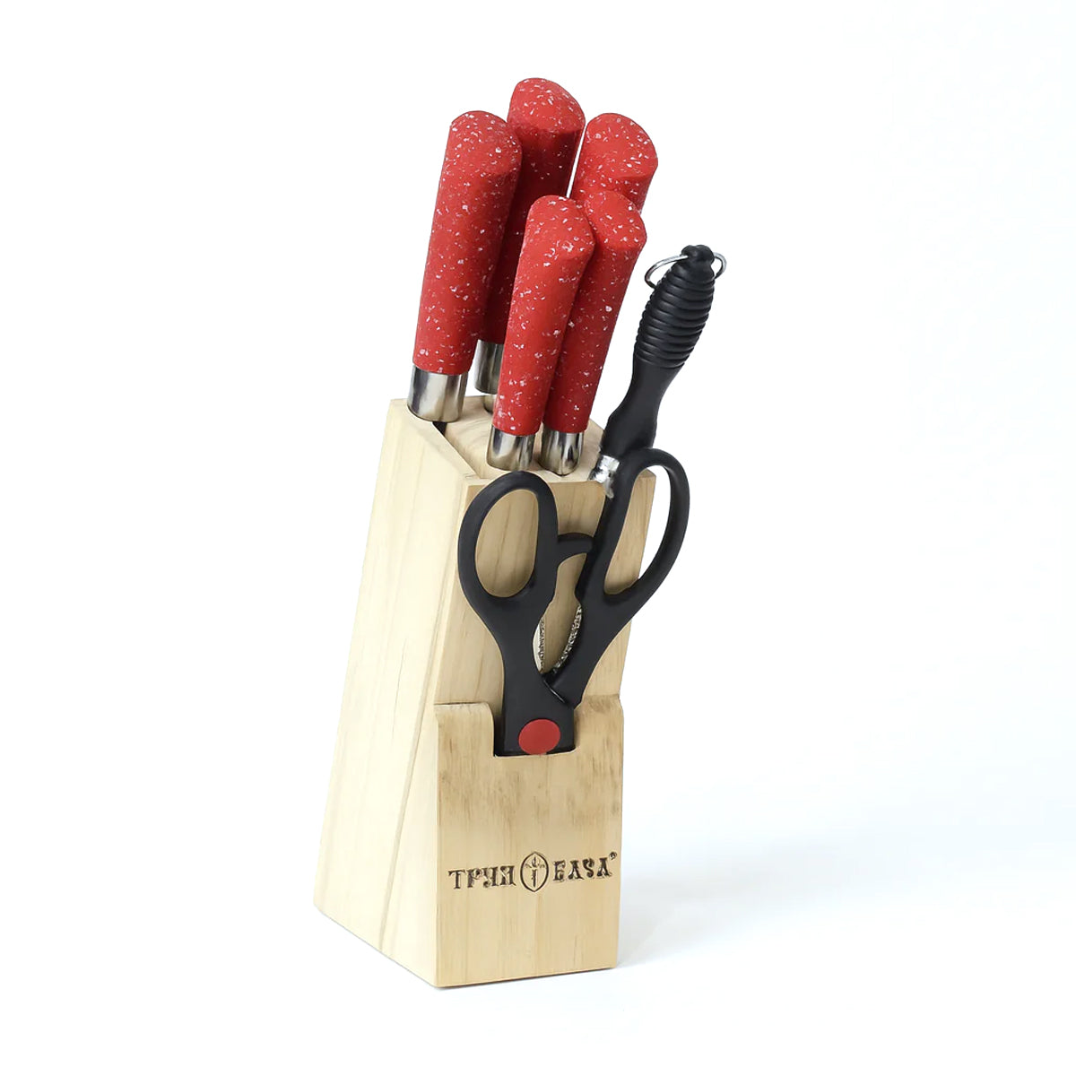 7 Pcs Stainless Steel Knife Set with Wooden Block – Red Handle Kitchen Knives & Scissors - Habitt