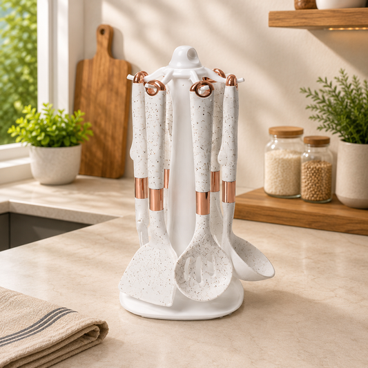 7 PCS Premium White Speckled Silicone Kitchen Utensil Set with Rotating Stand | Heat-Resistant Non-Stick Cooking Spoon Set