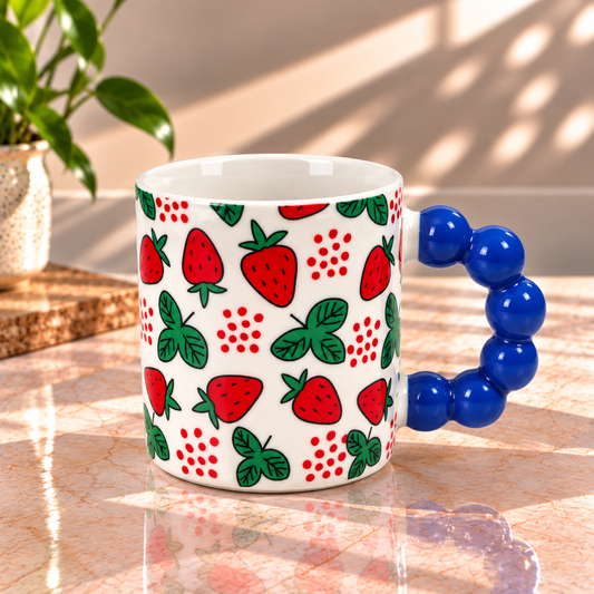 Cute Fruit Print Ceramic Coffee Mug with Beaded Handle – Colourful Tea & Coffee Cup