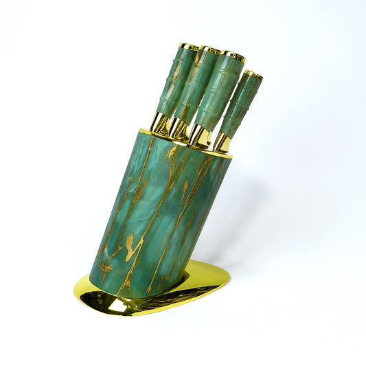 7 Pcs Stainless Steel Knife Set with Green-Gold Marble Finish Block – Premium Kitchen Knives - Habitt
