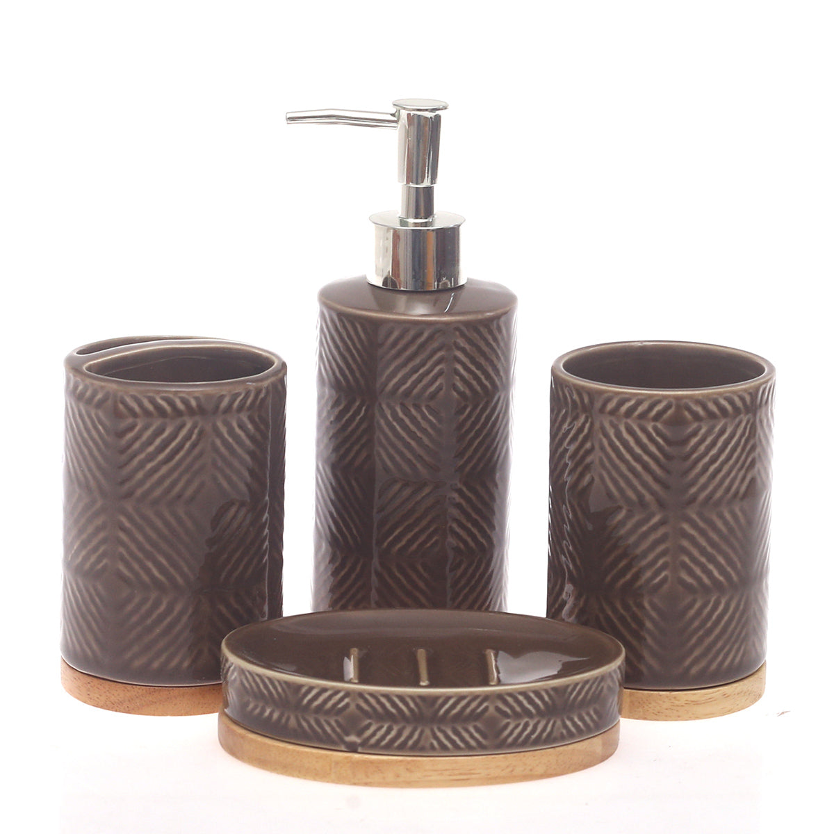 4 Pcs Brown Ceramic Bathroom Accessory Set with Wooden Base – Soap Dispenser, Tumbler & Soap Dish - Habitt
