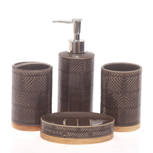 4 Pcs Brown Ceramic Bathroom Accessory Set with Wooden Base – Soap Dispenser, Tumbler & Soap Dish - Habitt