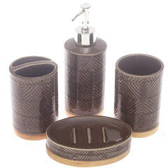 4 Pcs Brown Ceramic Bathroom Accessory Set with Wooden Base – Soap Dispenser, Tumbler & Soap Dish - Habitt