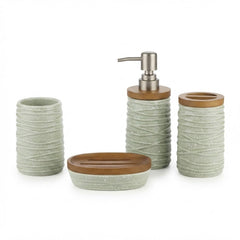 4-Piece Ceramic Bathroom Accessories Set – Sage Green with Wooden Lid | Soap Dispenser, Soap Dish, Toothbrush Holder & Tumbler