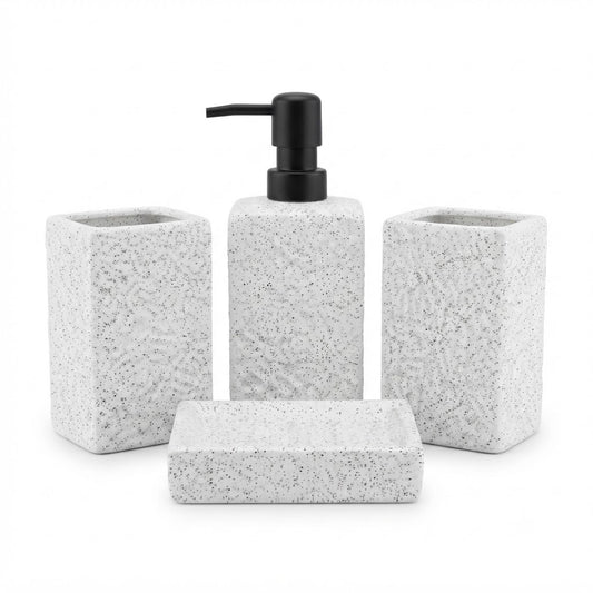 4-Piece Marble-Effect Ceramic Bathroom Accessories Set – White | Soap Dispenser, Soap Dish, Toothbrush Holder & Tumbler