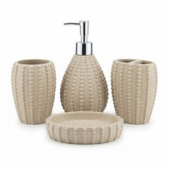4-Piece Textured Ceramic Bathroom Accessories Set – Beige | Soap Dispenser, Soap Dish, Toothbrush Holder & Tumbler