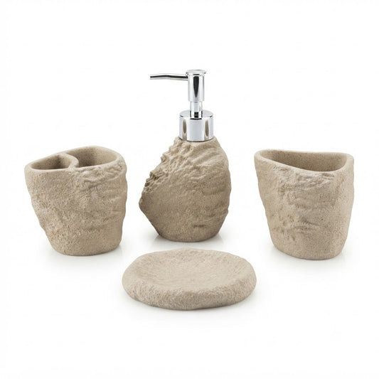 4-Piece Stone-Effect Ceramic Bathroom Accessories Set – Beige | Soap Dispenser, Soap Dish, Toothbrush Holder & Tumbler
